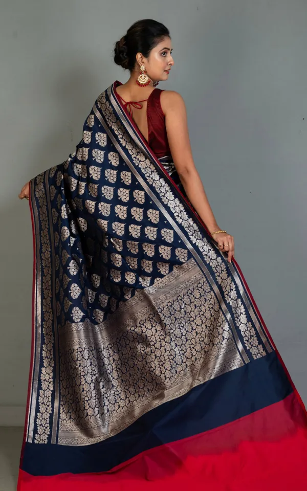 Best_Quality_2_Ply_Semi_Katan_Silk_Saree_In_Midnight_Blue_Falu_Red_And_Antique_Gold_Zari_Work