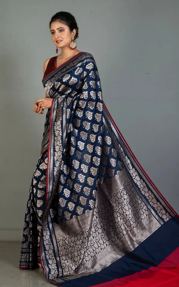Best_Quality_2_Ply_Semi_Katan_Silk_Saree_In_Midnight_Blue_Falu_Red_And_Antique_Gold_Zari_Work