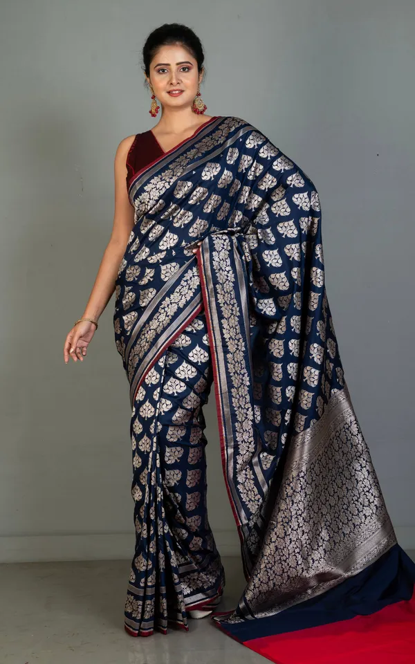 Best_Quality_2_Ply_Semi_Katan_Silk_Saree_In_Midnight_Blue_Falu_Red_And_Antique_Gold_Zari_Work