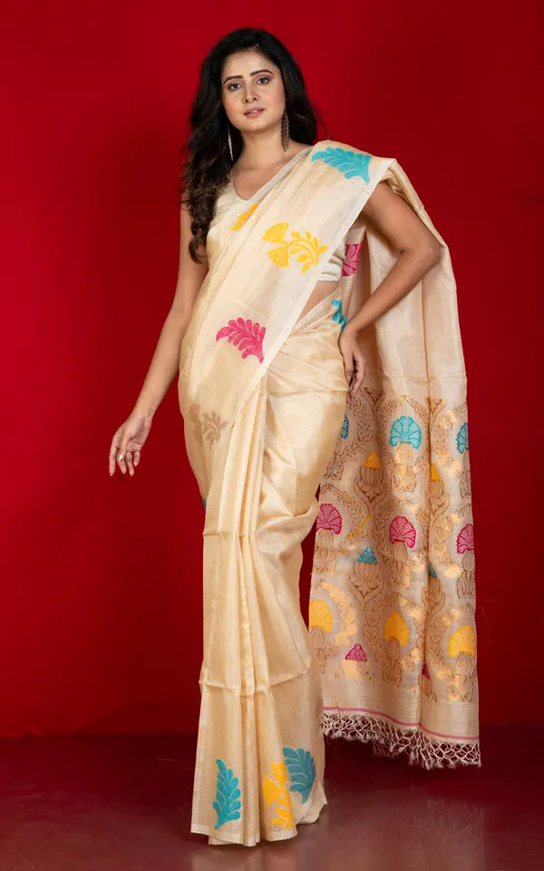 Premium_Quality_Tussar_Valkalam_Silk_With_Meenakari_Rich_Pallu_In_Warm_Beige_Multicolor_And_Natural_Golden