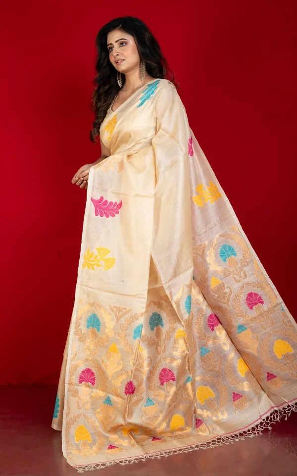 Premium_Quality_Tussar_Valkalam_Silk_With_Meenakari_Rich_Pallu_In_Warm_Beige_Multicolor_And_Natural_Golden