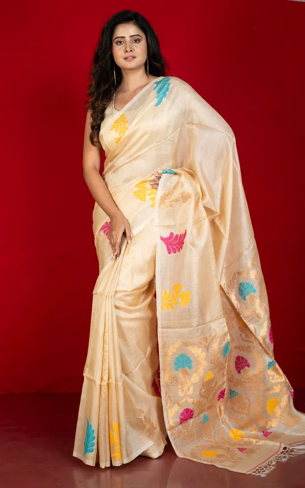 Premium_Quality_Tussar_Valkalam_Silk_With_Meenakari_Rich_Pallu_In_Warm_Beige_Multicolor_And_Natural_Golden