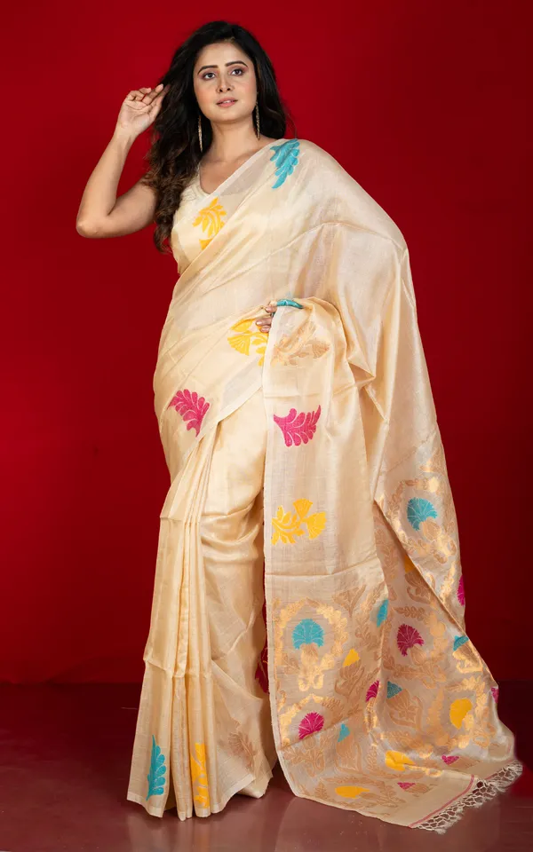 Premium_Quality_Tussar_Valkalam_Silk_With_Meenakari_Rich_Pallu_In_Warm_Beige_Multicolor_And_Natural_Golden