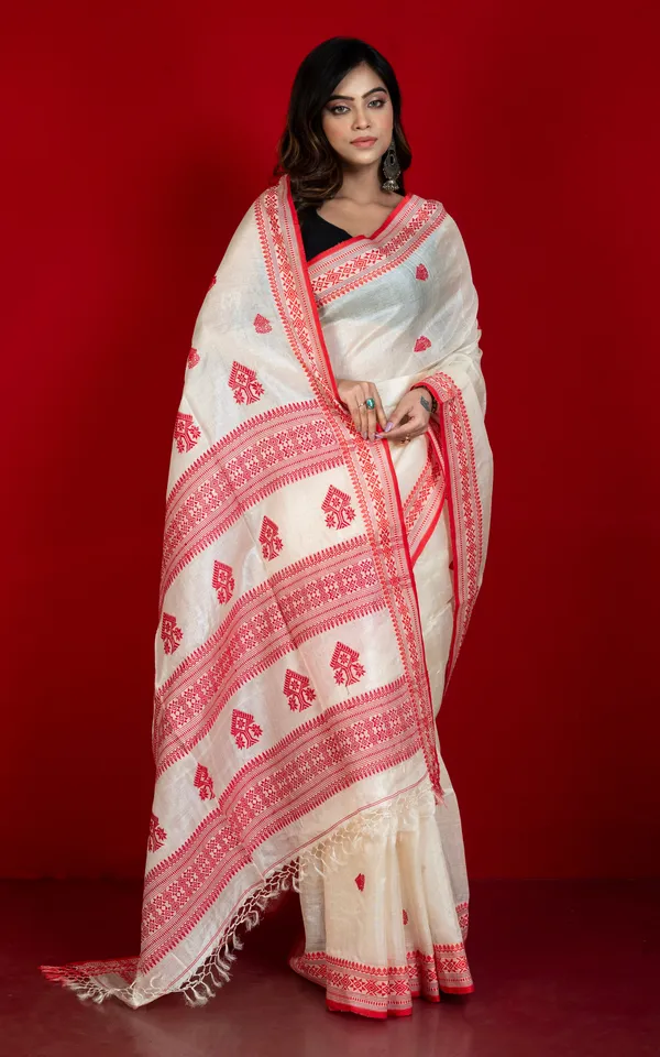 Premium_Quality_Assamese_Nakshi_Motif_Inspired_Hand_Woven_Work_On_Tussar_Silk_Saree_In_Off_White_And_Red