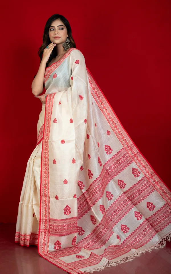 Premium_Quality_Assamese_Nakshi_Motif_Inspired_Hand_Woven_Work_On_Tussar_Silk_Saree_In_Off_White_And_Red