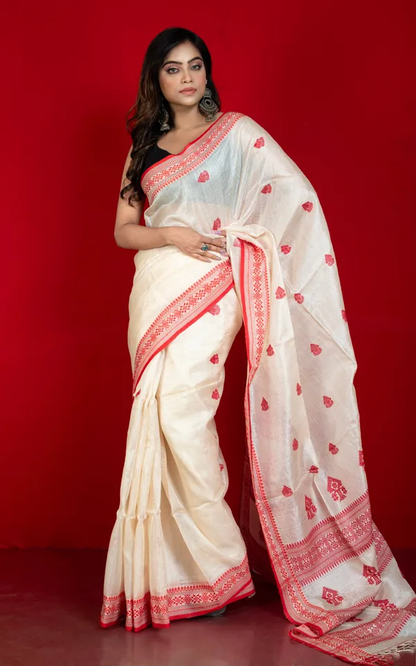 Premium_Quality_Assamese_Nakshi_Motif_Inspired_Hand_Woven_Work_On_Tussar_Silk_Saree_In_Off_White_And_Red