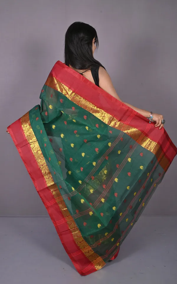 Designer_Matta_Border_Bengal_Tangail_Hazar_Butti_Cotton_Saree_In_Bottle_Green_And_Red