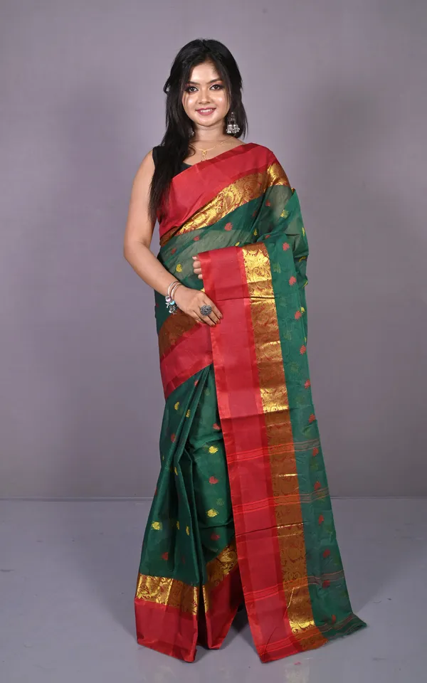 Designer_Matta_Border_Bengal_Tangail_Hazar_Butti_Cotton_Saree_In_Bottle_Green_And_Red