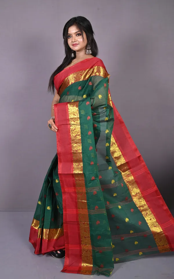 Designer_Matta_Border_Bengal_Tangail_Hazar_Butti_Cotton_Saree_In_Bottle_Green_And_Red