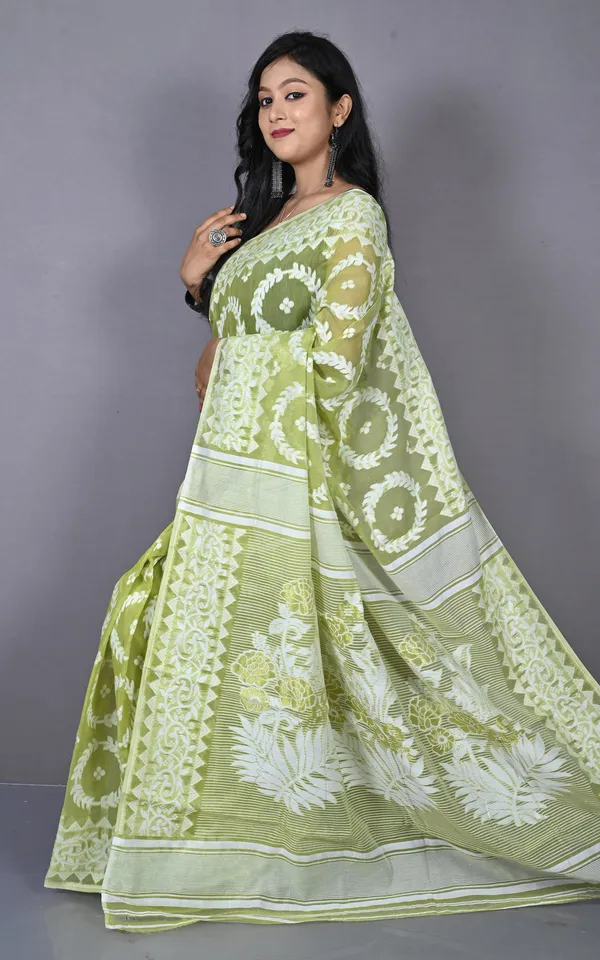 Solapuri_Work_Jamdani_Saree_Light_Olive_And_Off_White