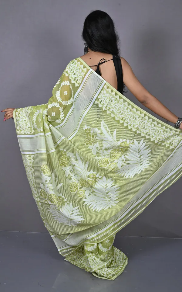 Solapuri_Work_Jamdani_Saree_Light_Olive_And_Off_White