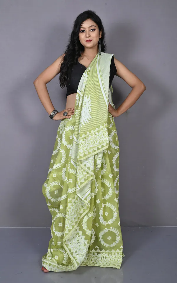Solapuri_Work_Jamdani_Saree_Light_Olive_And_Off_White