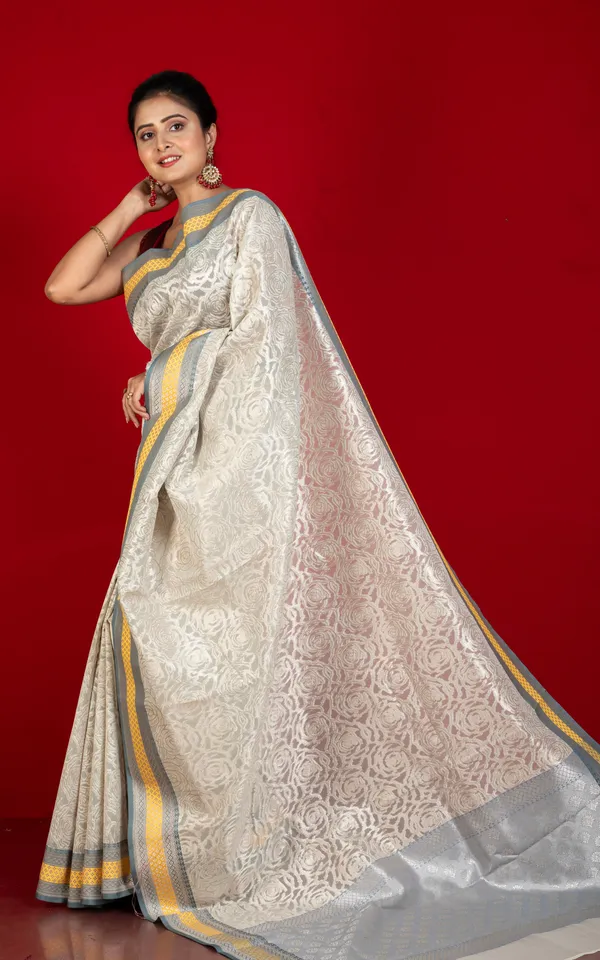 Designer_Kora_Organza_Silk_Banarasi_Saree_In_Martini_Saffron_Yellow_And_Cloud_Grey