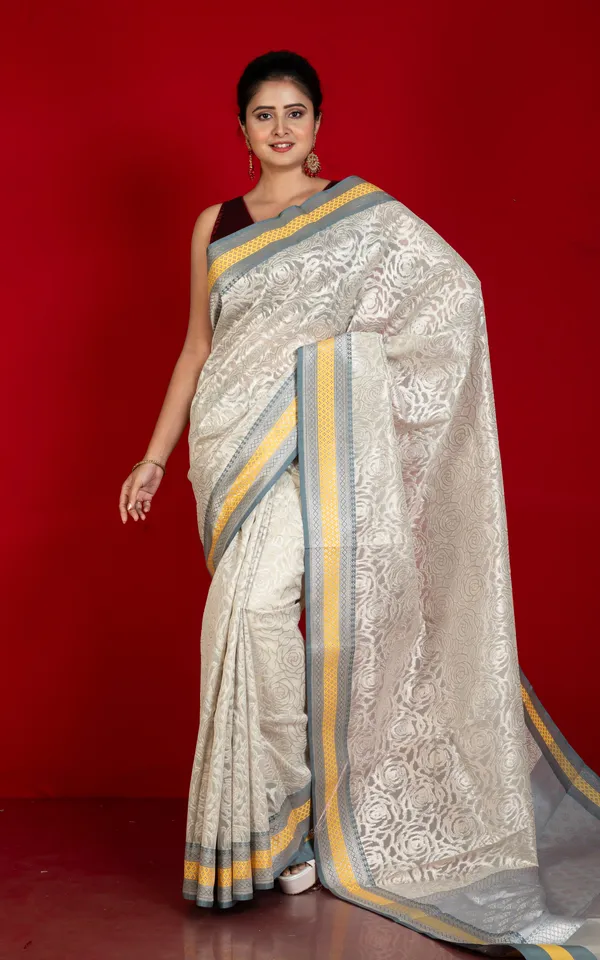 Designer_Kora_Organza_Silk_Banarasi_Saree_In_Martini_Saffron_Yellow_And_Cloud_Grey