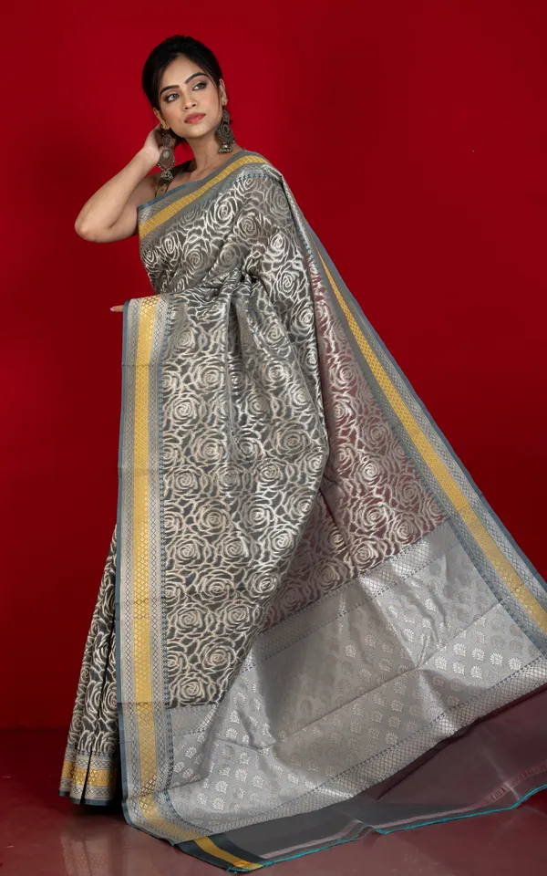 Designer_Kora_Organza_Silk_Banarasi_Saree_In_Carbon_Grey_And_Saffron_Yellow