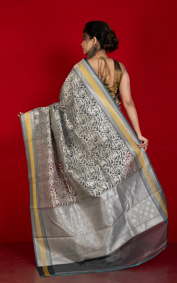 Designer_Kora_Organza_Silk_Banarasi_Saree_In_Carbon_Grey_And_Saffron_Yellow