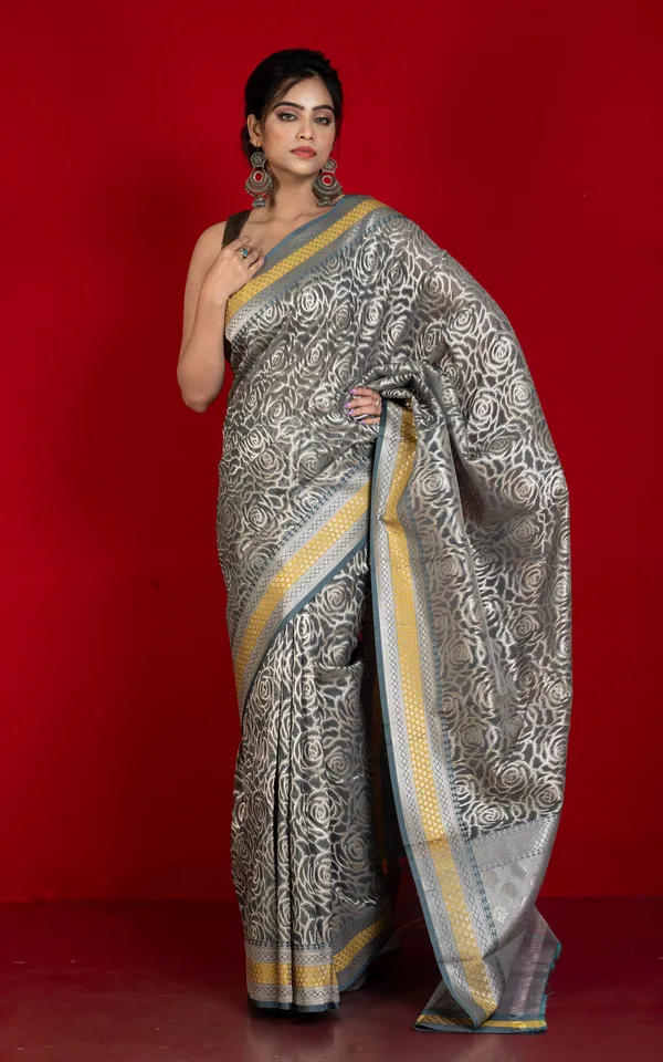 Designer_Kora_Organza_Silk_Banarasi_Saree_In_Carbon_Grey_And_Saffron_Yellow