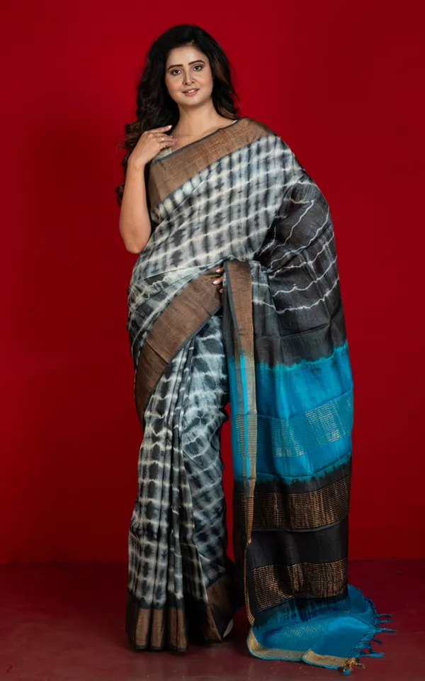 Soft_Tussar_Silk_With_Tie_And_Dye_Shibori_Work_Saree_In_Charcoal_Black_Deep_Sky_Blue_And_Off_White