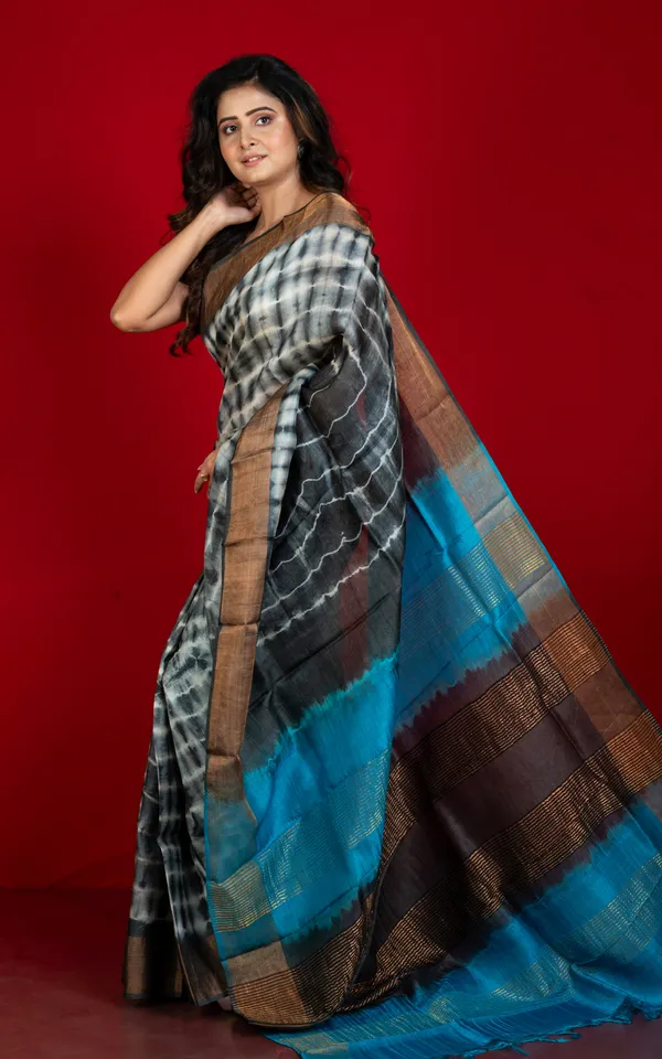 Soft_Tussar_Silk_With_Tie_And_Dye_Shibori_Work_Saree_In_Charcoal_Black_Deep_Sky_Blue_And_Off_White