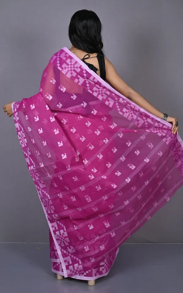 Designer_Bengal_Tangail_With_Block_Geometric_Work_Cotton_Saree_In_Purple_And_Off_White