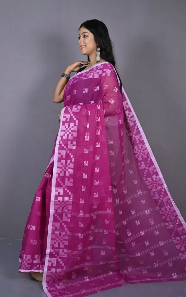 Designer_Bengal_Tangail_With_Block_Geometric_Work_Cotton_Saree_In_Purple_And_Off_White