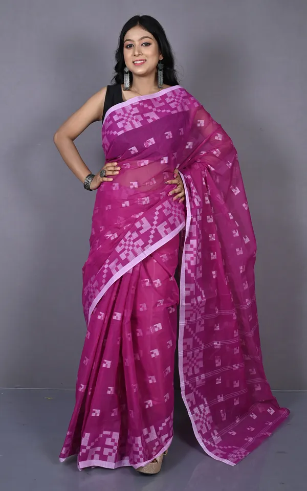 Designer_Bengal_Tangail_With_Block_Geometric_Work_Cotton_Saree_In_Purple_And_Off_White