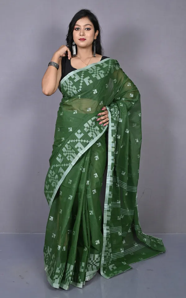 Designer_Bengal_Tangail_With_Block_Geometric_Work_Cotton_Saree_In_Pine_Green_And_Off_White