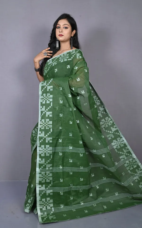 Designer_Bengal_Tangail_With_Block_Geometric_Work_Cotton_Saree_In_Pine_Green_And_Off_White