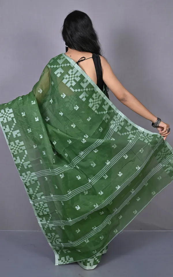 Designer_Bengal_Tangail_With_Block_Geometric_Work_Cotton_Saree_In_Pine_Green_And_Off_White