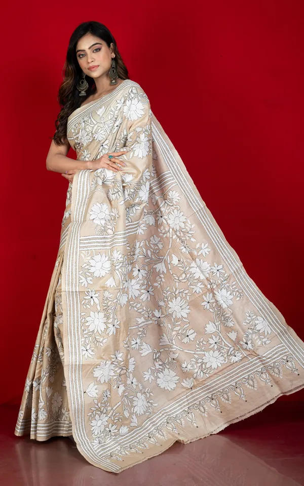 Premium_Quality_Hand_Embroidery_Kantha_Work_On_Pure_Gachi_Tussar_Saree_In_Beige_Black_And_Off_White
