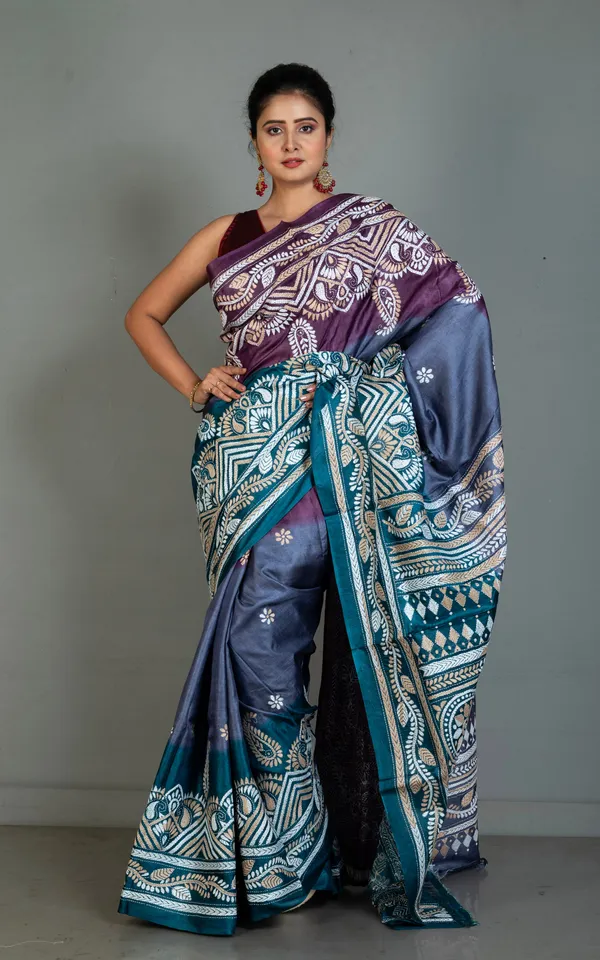Dual_Tone_Gachi_Tussar_Silk_Hand_Embroidery_Kantha_Stitch_Saree_In_Byzantium_Purple_Slate_Blue_And_Deep_Sea_Green