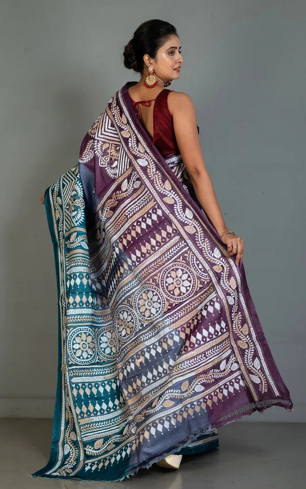 Dual_Tone_Gachi_Tussar_Silk_Hand_Embroidery_Kantha_Stitch_Saree_In_Byzantium_Purple_Slate_Blue_And_Deep_Sea_Green