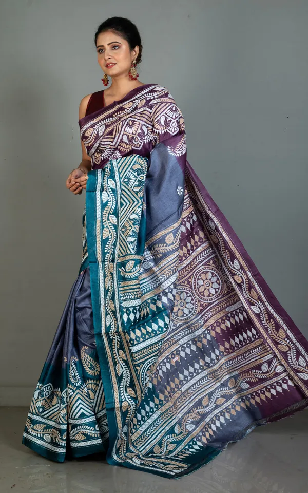 Dual_Tone_Gachi_Tussar_Silk_Hand_Embroidery_Kantha_Stitch_Saree_In_Byzantium_Purple_Slate_Blue_And_Deep_Sea_Green
