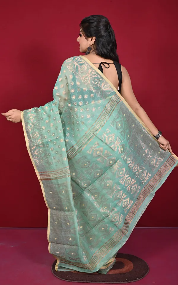 Soft_Zari_Brocade_Dhakai_Jamdani_Saree_In_Summer_Green_Desert_Sand_And_Copper