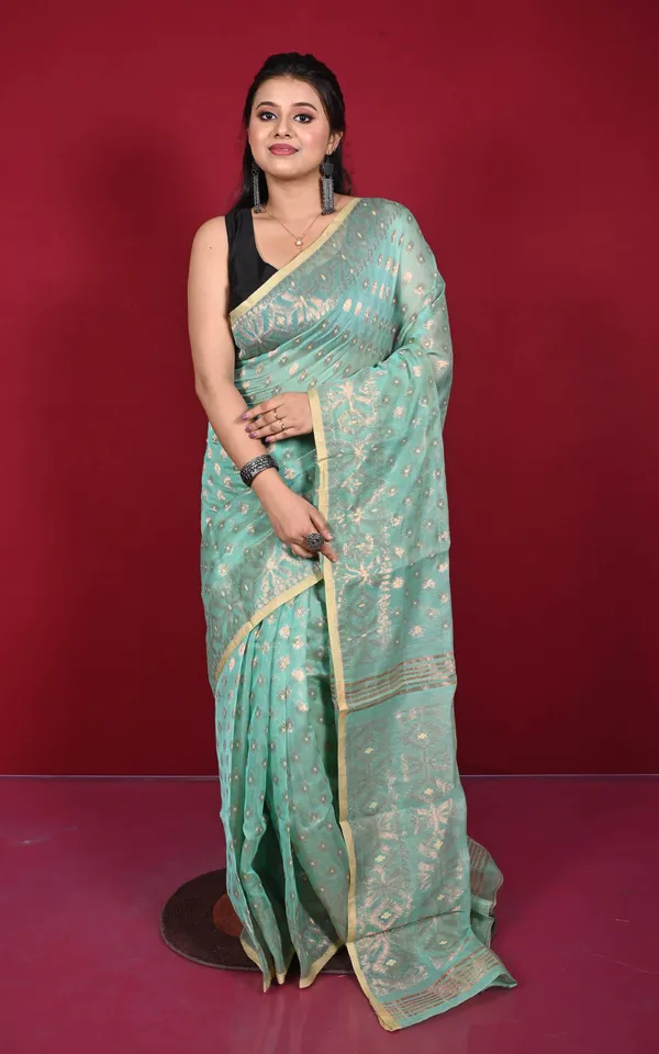 Soft_Zari_Brocade_Dhakai_Jamdani_Saree_In_Summer_Green_Desert_Sand_And_Copper