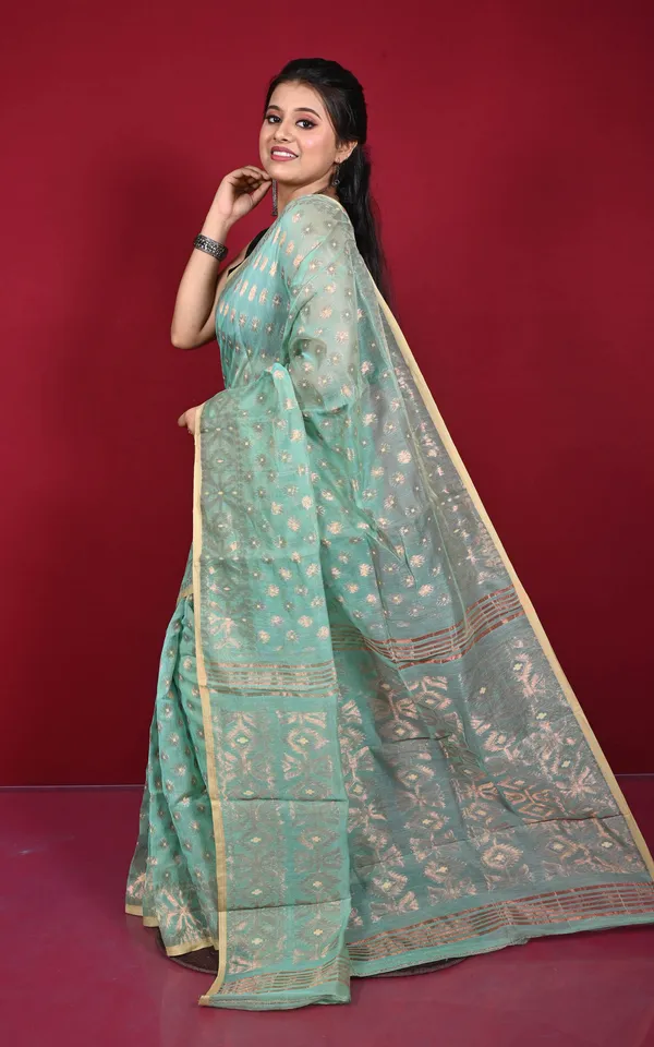 Soft_Zari_Brocade_Dhakai_Jamdani_Saree_In_Summer_Green_Desert_Sand_And_Copper