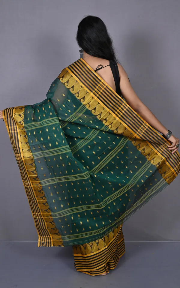 Stripe_Border_With_Paisley_Nakshi_Work_Bengal_Tangail_Hazar_Butti_Cotton_Saree_In_Phthalo_Green_Black_And_Golden_Yellow