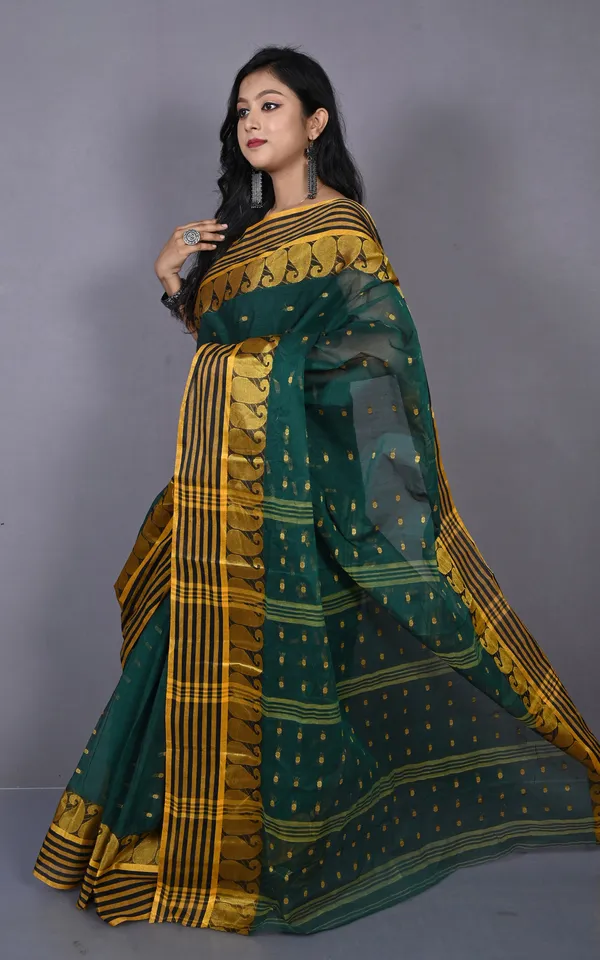 Stripe_Border_With_Paisley_Nakshi_Work_Bengal_Tangail_Hazar_Butti_Cotton_Saree_In_Phthalo_Green_Black_And_Golden_Yellow