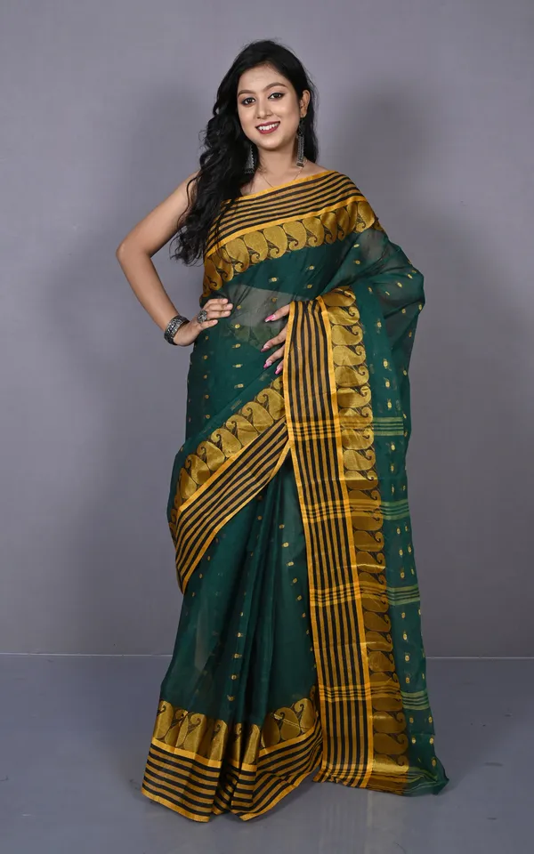 Stripe_Border_With_Paisley_Nakshi_Work_Bengal_Tangail_Hazar_Butti_Cotton_Saree_In_Phthalo_Green_Black_And_Golden_Yellow