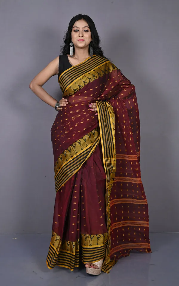 Stripe_Border_With_Paisley_Nakshi_Work_Bengal_Tangail_Hazar_Butti_Cotton_Saree_In_Maroon_Oak_Black_And_Golden_Yellow