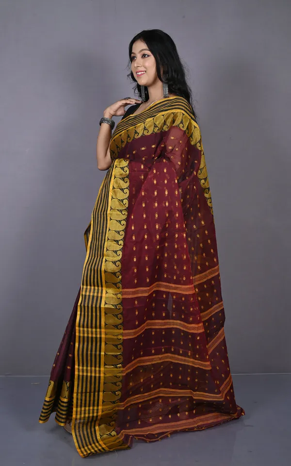 Stripe_Border_With_Paisley_Nakshi_Work_Bengal_Tangail_Hazar_Butti_Cotton_Saree_In_Maroon_Oak_Black_And_Golden_Yellow