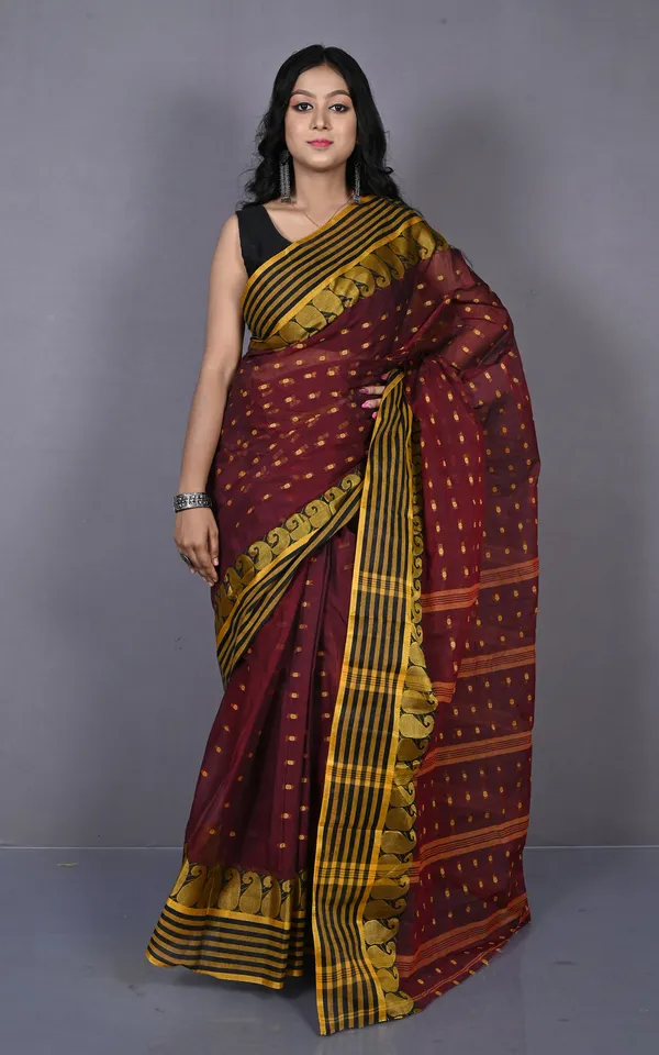 Stripe_Border_With_Paisley_Nakshi_Work_Bengal_Tangail_Hazar_Butti_Cotton_Saree_In_Maroon_Oak_Black_And_Golden_Yellow