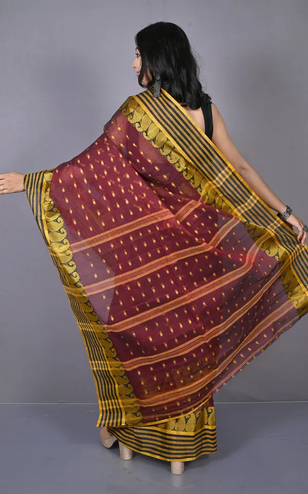 Stripe_Border_With_Paisley_Nakshi_Work_Bengal_Tangail_Hazar_Butti_Cotton_Saree_In_Maroon_Oak_Black_And_Golden_Yellow