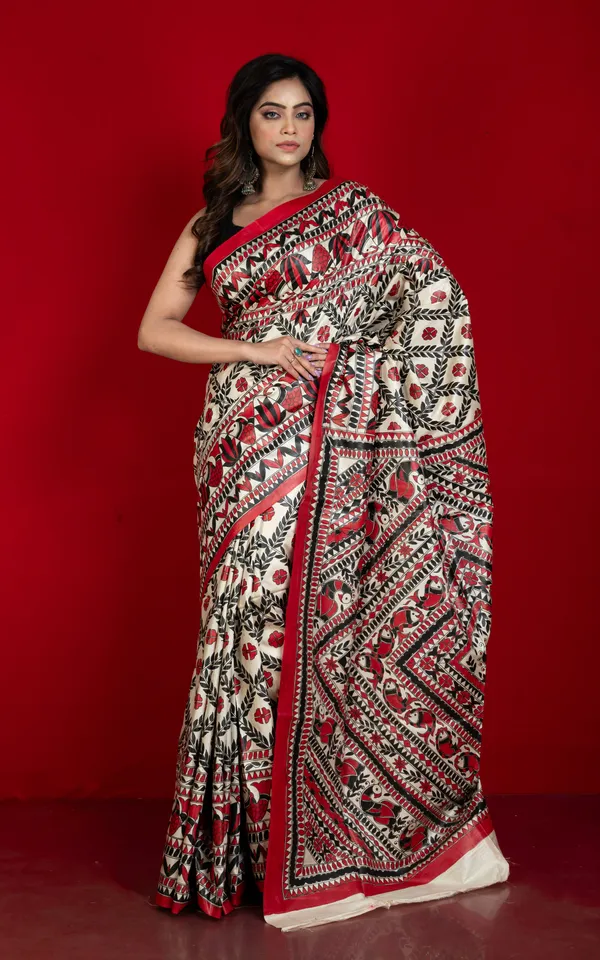 Hand_Painted_Madhubani_On_Premium_Quality_Soft_Moonga_Tussar_Silk_Saree_In_Albescent_White_Red_And_Black