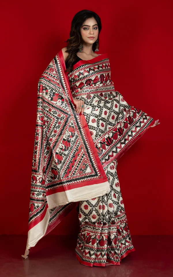 Hand_Painted_Madhubani_On_Premium_Quality_Soft_Moonga_Tussar_Silk_Saree_In_Albescent_White_Red_And_Black
