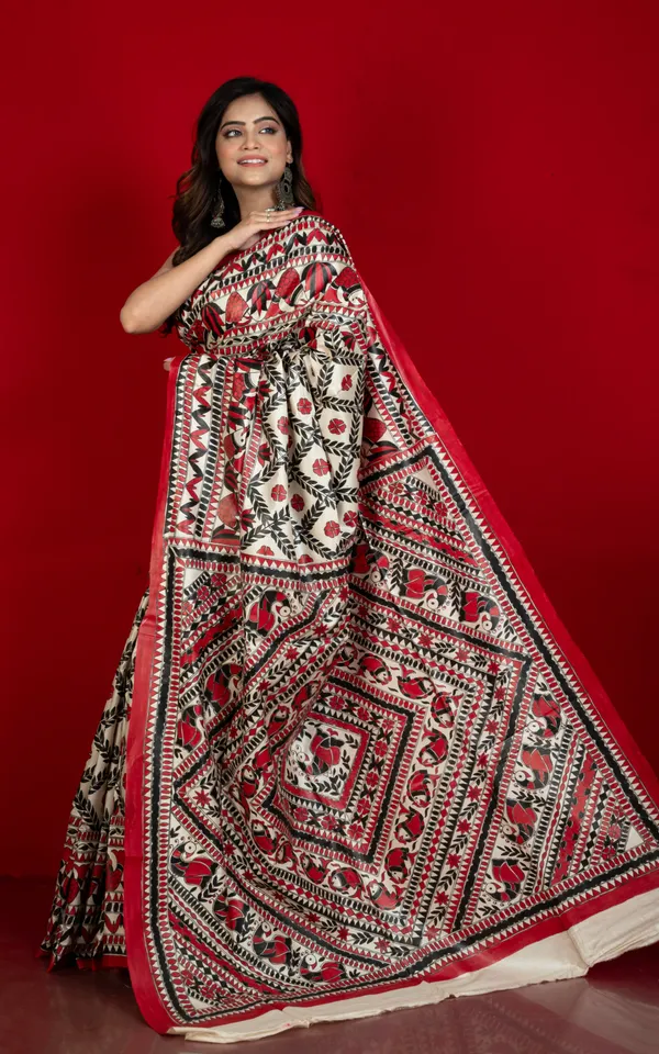 Hand_Painted_Madhubani_On_Premium_Quality_Soft_Moonga_Tussar_Silk_Saree_In_Albescent_White_Red_And_Black