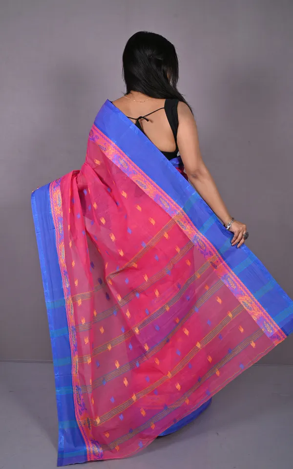 Bengal_Tangail_Hazar_Butti_Jacket_Matta_Thread_Nakshi_Border_Cotton_Saree_In_Cerise_Pink_Beige_And_Warm_Blue