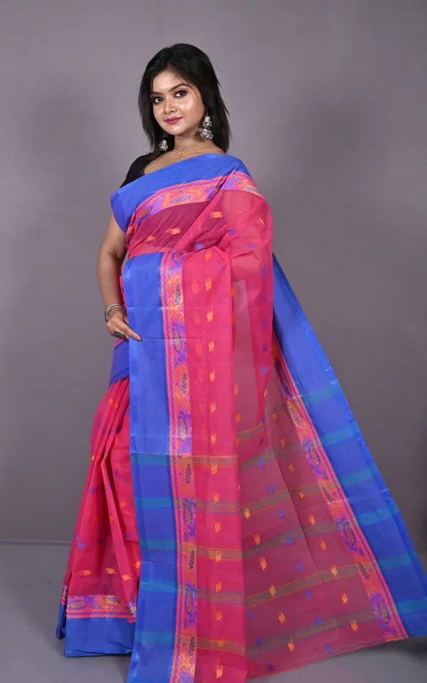 Bengal_Tangail_Hazar_Butti_Jacket_Matta_Thread_Nakshi_Border_Cotton_Saree_In_Cerise_Pink_Beige_And_Warm_Blue