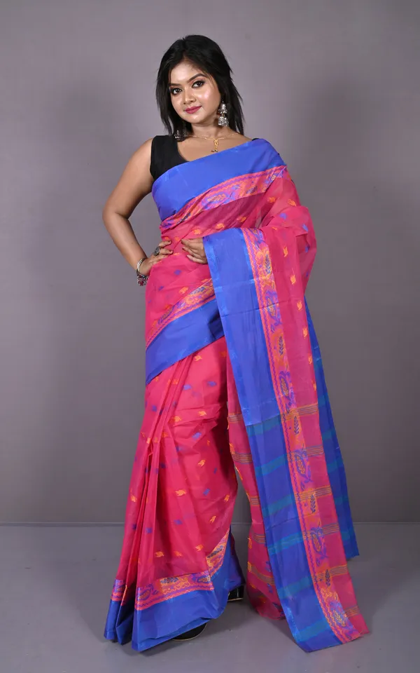 Bengal_Tangail_Hazar_Butti_Jacket_Matta_Thread_Nakshi_Border_Cotton_Saree_In_Cerise_Pink_Beige_And_Warm_Blue