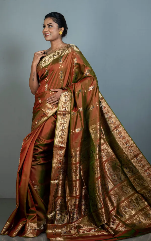 Hand_Woven_Swarnachari_Pure_Silk_Saree_In_Sienna_Brown_With_Greenish_Tinge_Navy_Blue_And_Matt_Gold